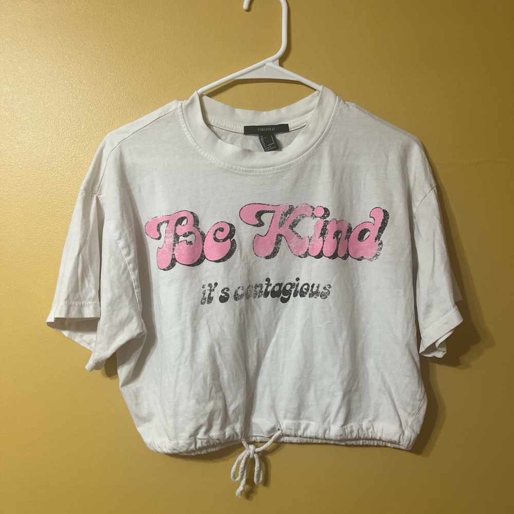 Forever 21 White and Pink Cropped Tee with Drawstring Hem